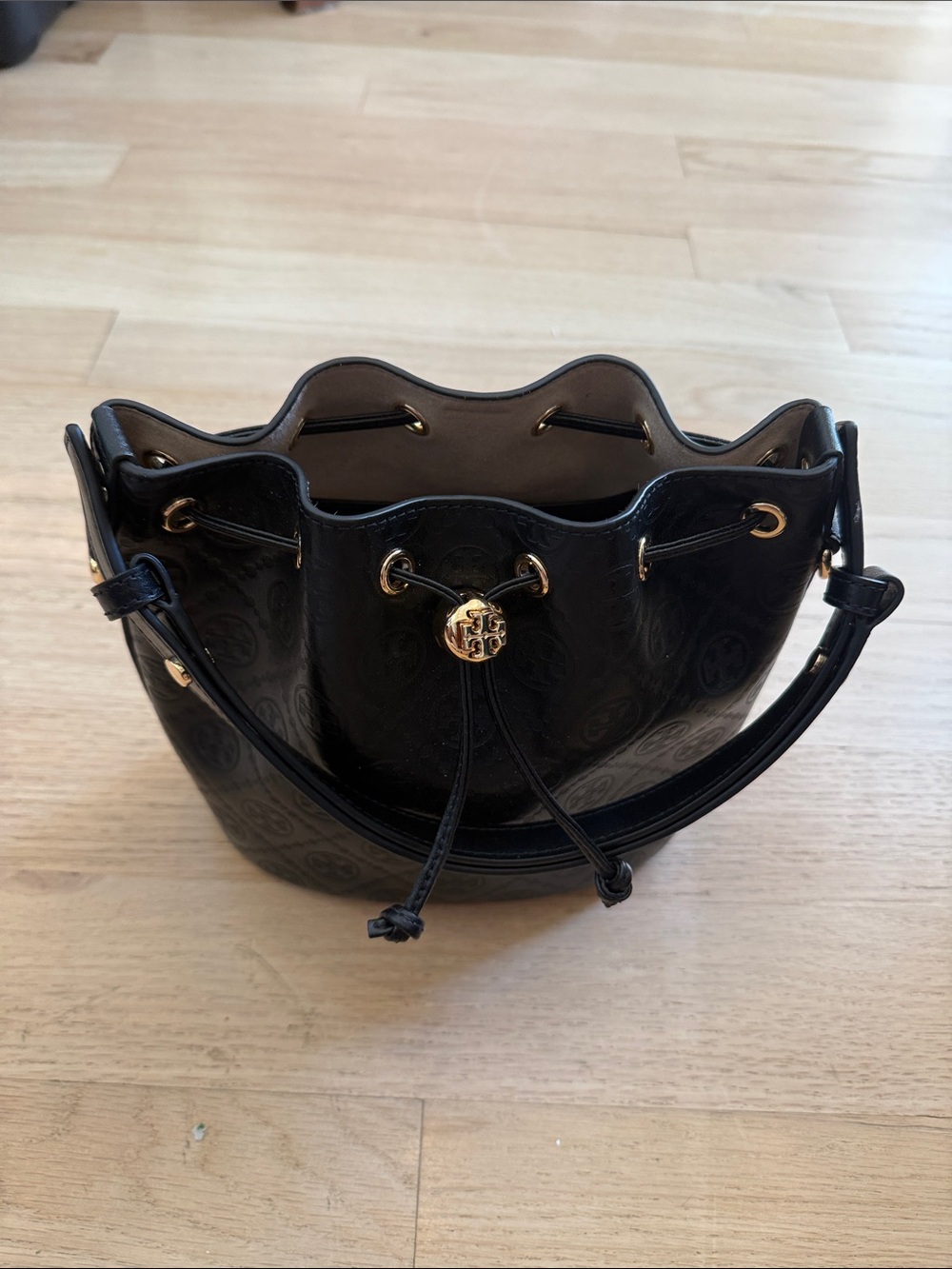 Tory Burch Black Mini T Monogram Debossed Bucket Bag with Gold Hardware